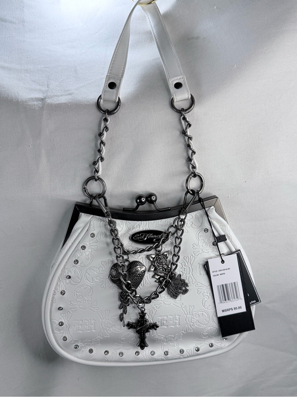 Ed Hardy White Embossed Chain-Detail Frame Bag with Gunmetal Charms